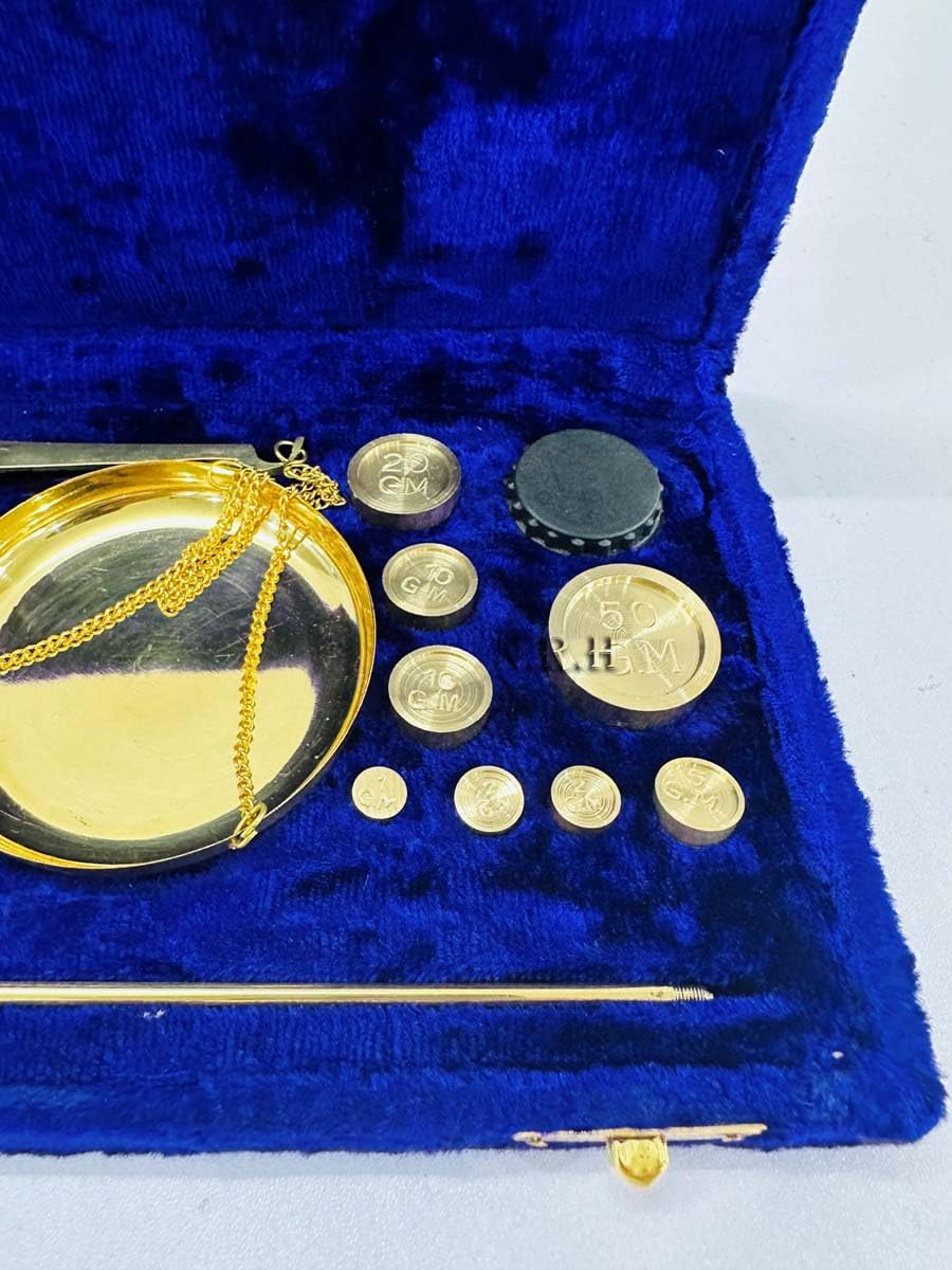 Vintage Brass Balance Weighing Scale Polished With Velvet Box With Weights Jewelry Scales, Purple & Brass, 10X5 Inches - Image 3
