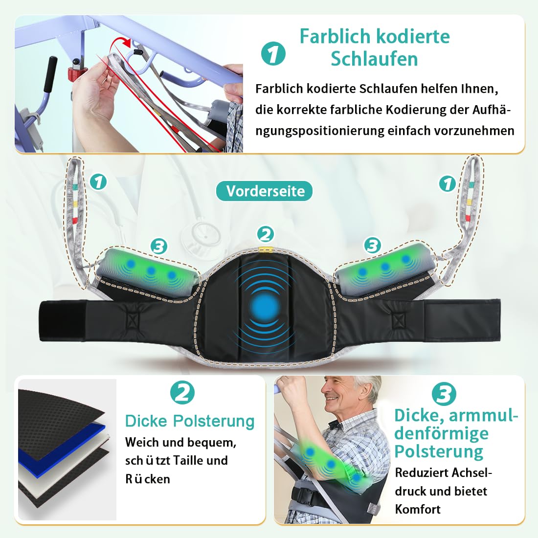 Gepolsterte Sitz-zu-Stand-Hebeschlinge mit Rückenstütze, extra dicke Aufstehhilfe für Rehabilitation und Mobilität im Alter (Black, groß)
