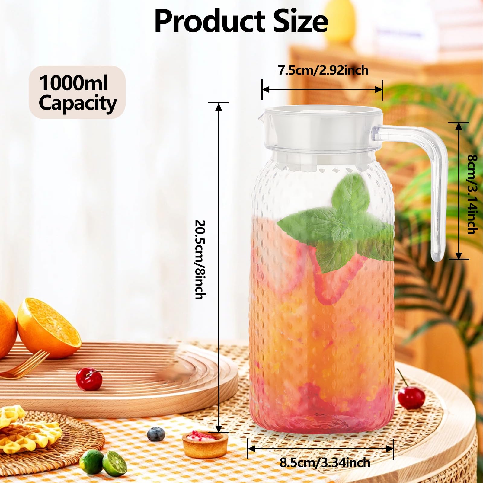 2 Pezzi Brocche da 1 Litro con Coperchio e Manico, Caraffe in Plastica Trasparente, Brocca per Succo, Acqua, Tè, Caffè, Latte e Vino, per Bevande Calde e Fredde