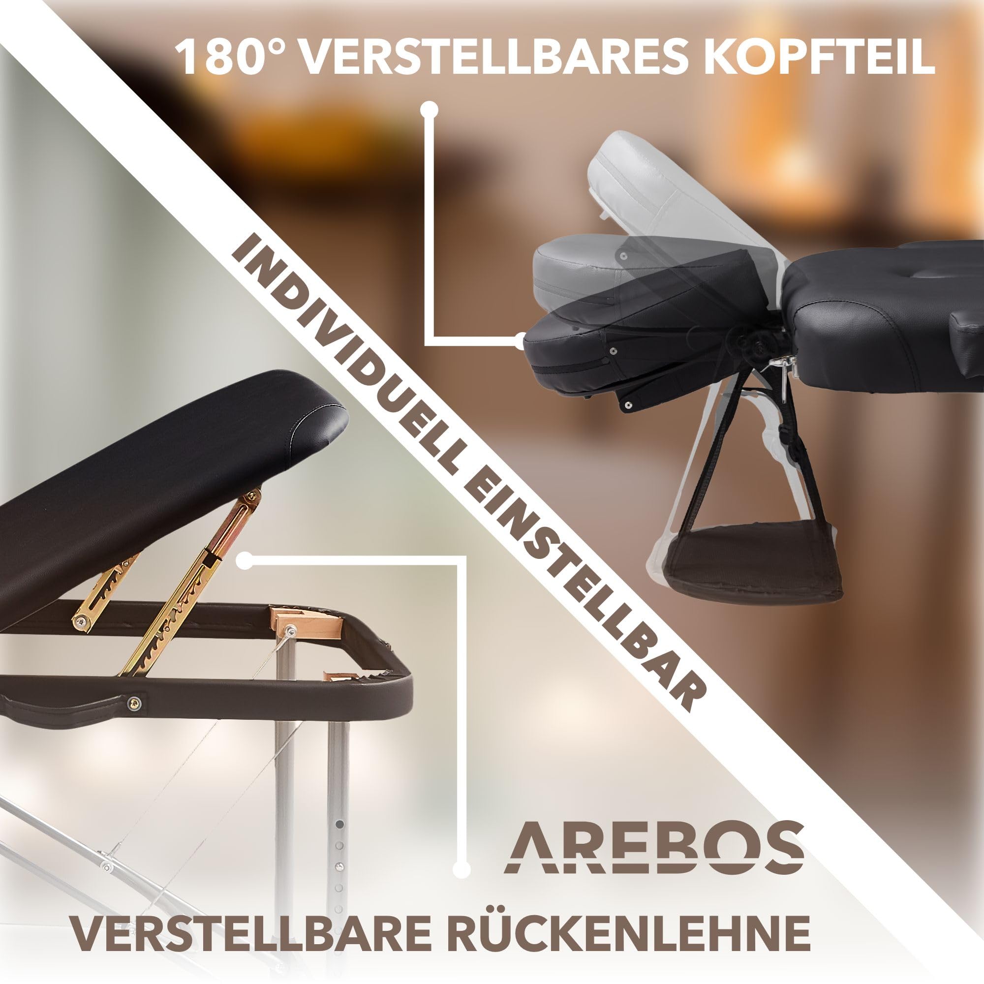 Arebos Mobile Massageliege 3 Zonen, Massagetisch, Massageliege klappbar, höhenverstellbare Aluminium Massagebett Kosmetikliege tragbar inkl. Zubehör, Kopfstütze, Armlehne und Tragetasche, Schwarz