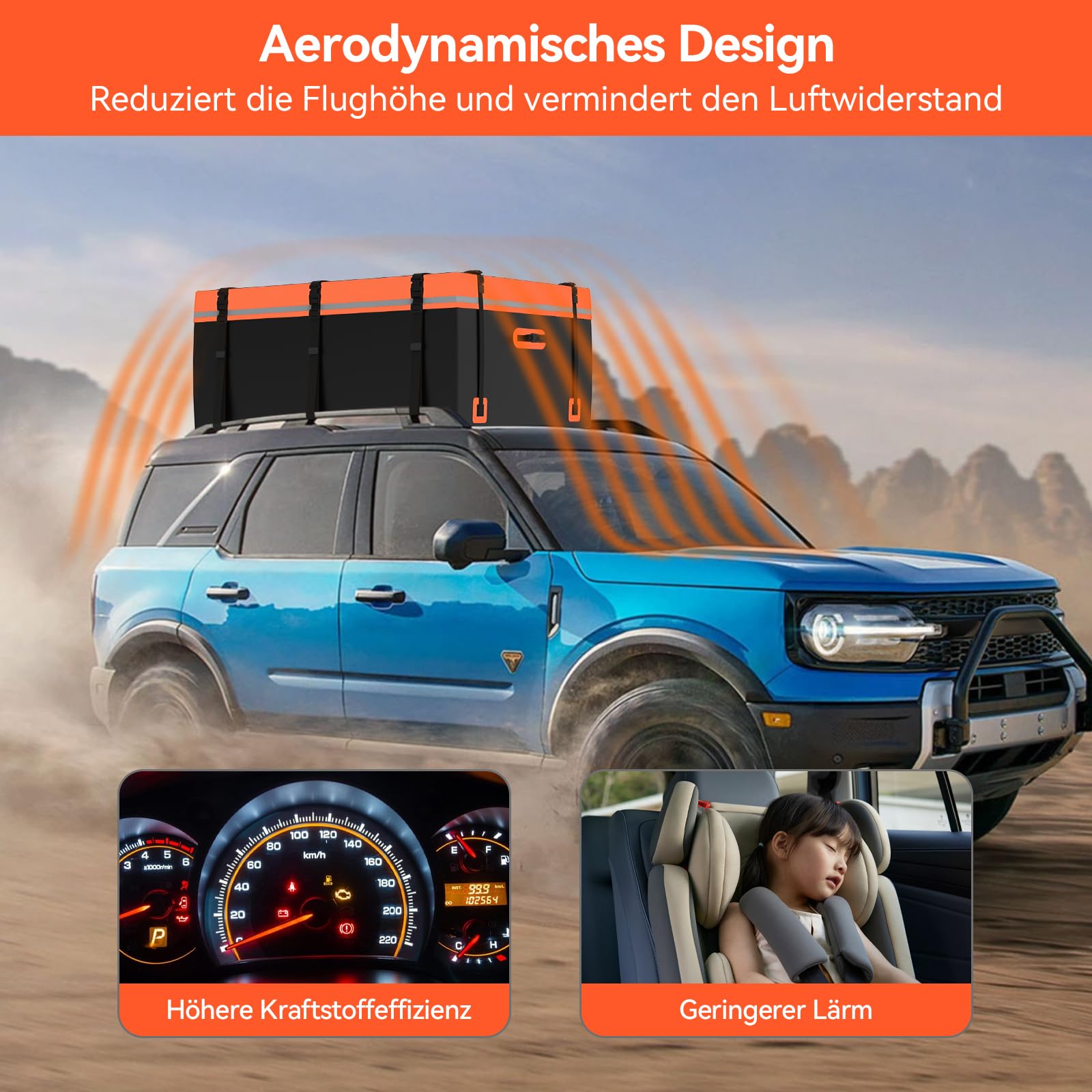 ARTETHYS Dachbox Auto 21 kubikfuß, wasserdichte & Strapazierfähige, Orange | Dachtasche, Faltbare Dachkoffer mit Anti-Rutsch Matte, Gepäckbox für alle Fahrzeuge mit/ohne Gepäckträger, 8 Türhaken