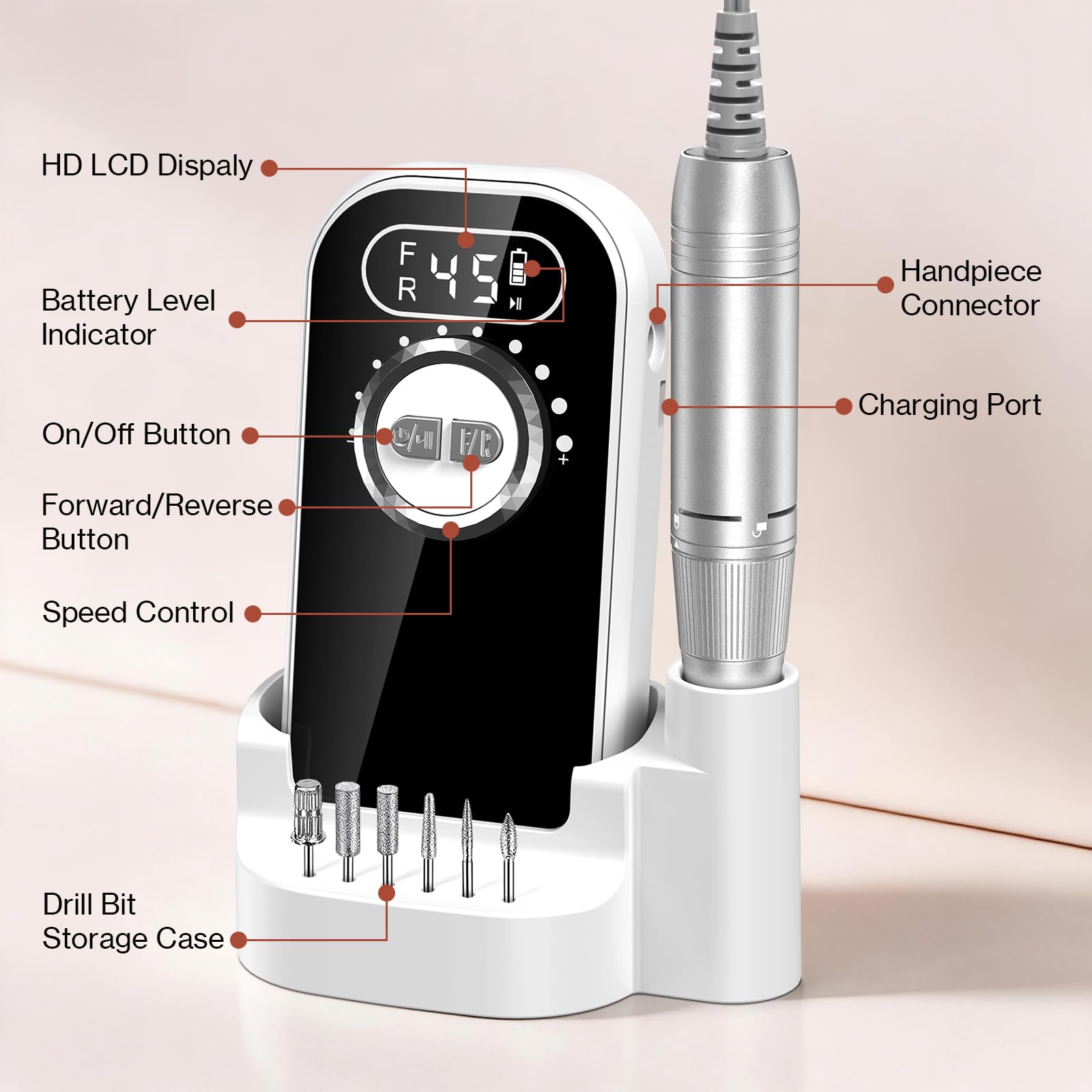 Trapano per unghie 45000 giri/min, lima elettrica per unghie in gel acrilico, set di lime portatile, trapano ricaricabile per manicure per uso domestico e salone, bianco