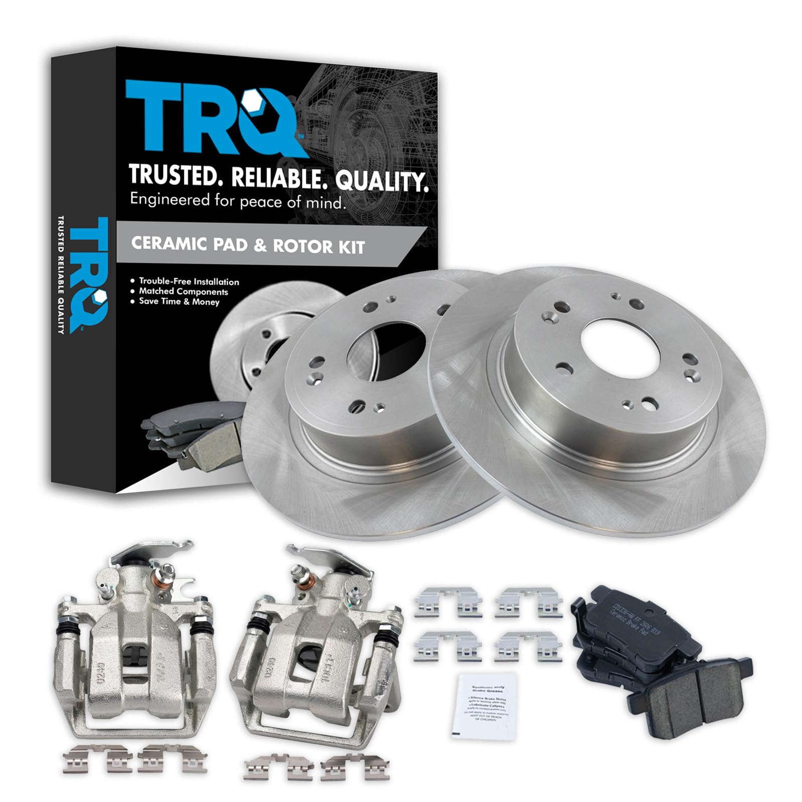 TRQ Rear Brake Pad and Rotor Set Ceramic Solid Rotors Calipers