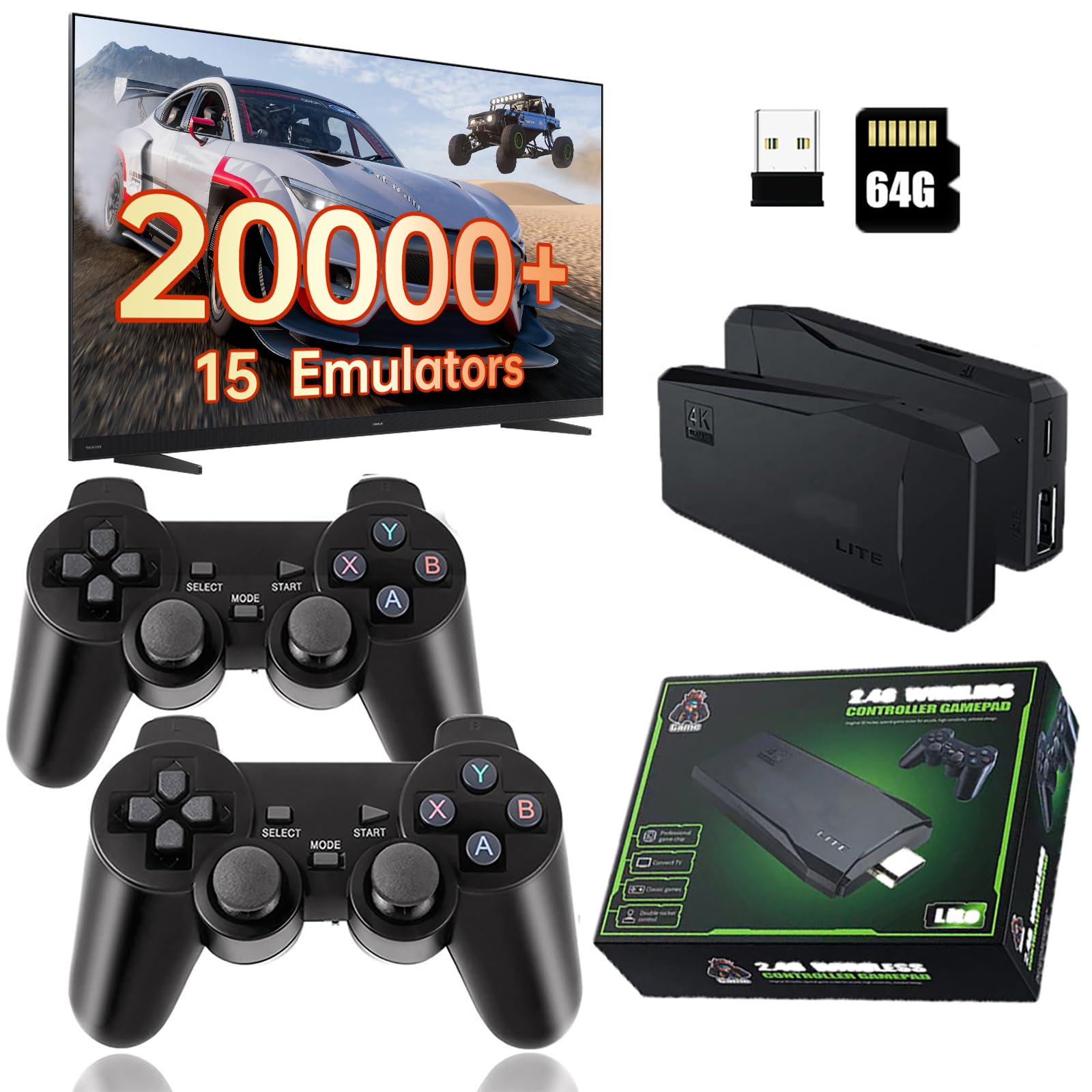 Retro Konsole Spielkonsole Game Stick, 20040+ Spielen Videospielkonsole mit 2 Gamepads, Retro Konsole Plug and Play Game Stick TV 4K HDMI, Spiele Geschenk für Kinder Jungen und Erwachsene
