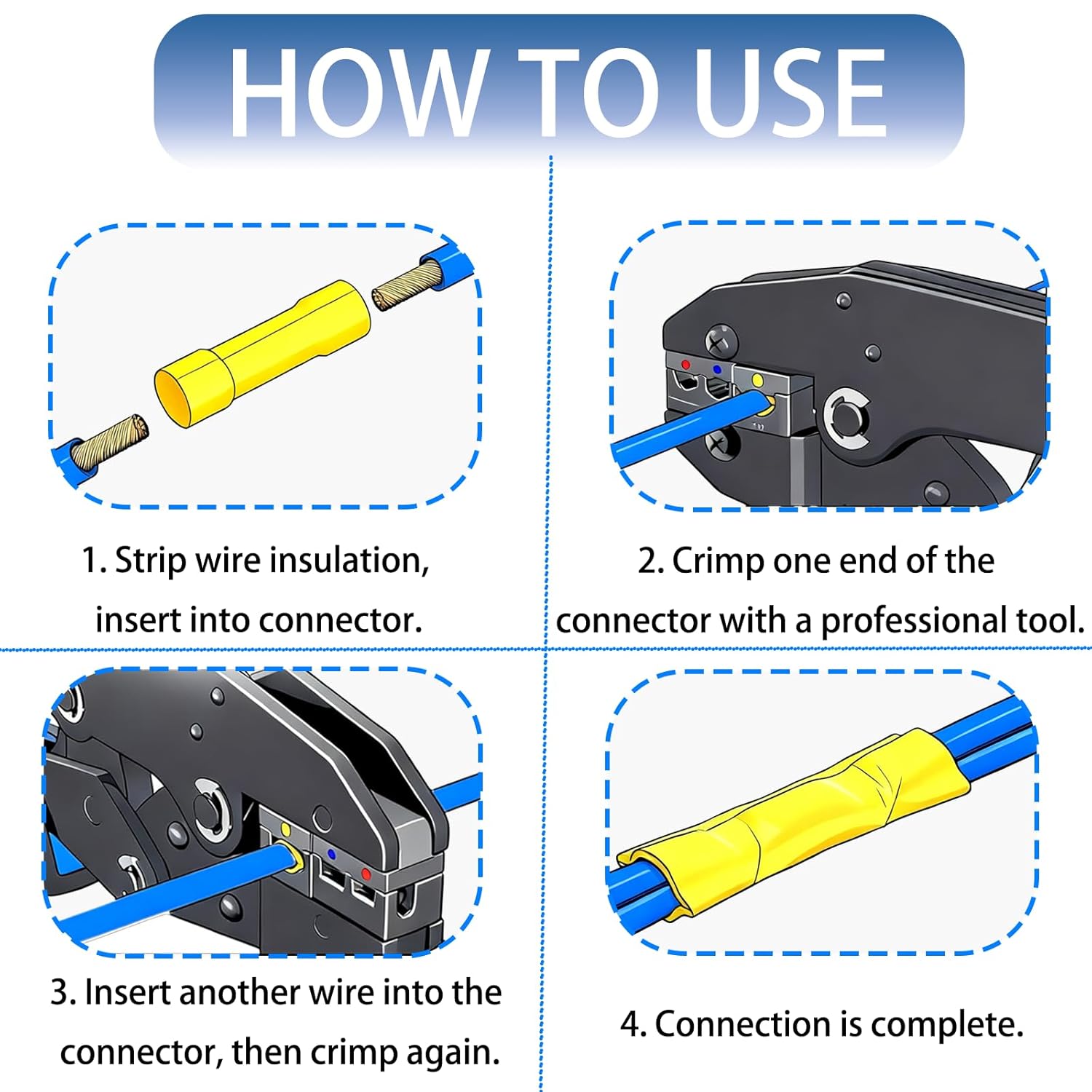 500 Pcs 12-10 AWG Electrical Connector Yellow Butt Connectors Crimp Splice Terminals, Fully Insulated PVC Wiring Crimps Terminal for 12,10 Gauge Wire.