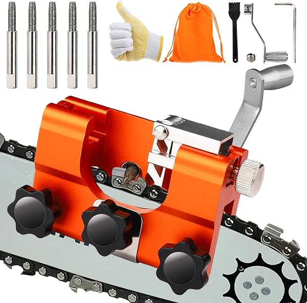 Chainsaw Sharpener, Portable Hand Crank Tool with 5 Sharpening Rods, Storage Bag, Gloves & Cleaning Brush - Chainsaw Sharpening Jig Kit for Chain Saw and Electric Saw - 1