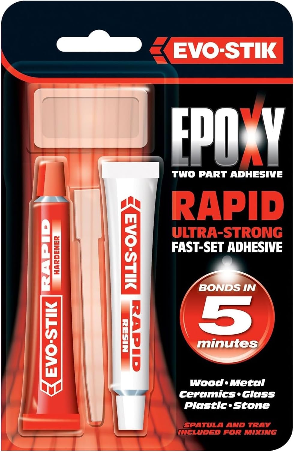 Evo- Stik Epoxy Rapid Tubes Fast Set in 5 Minutes, clear 2 Components Adhesive Ideal for Metal, Wood, Stone, Plastic,Glass and Ceramic GRP | 2 Tubes x 15ML