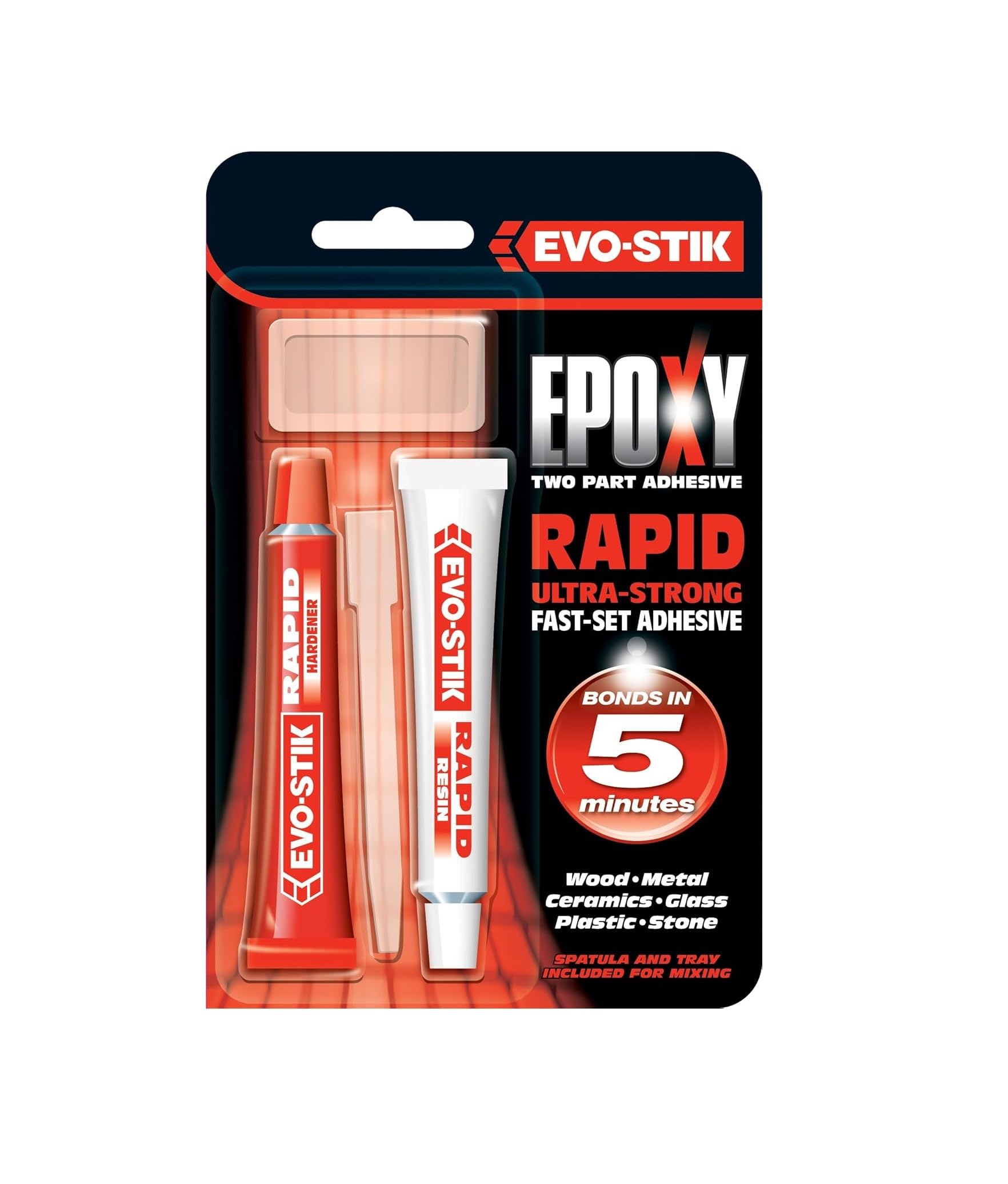 Evo- Stik Epoxy Rapid Tubes Fast Set in 5 Minutes, clear 2 Components Adhesive Ideal for Metal, Wood, Stone, Plastic,Glass and Ceramic GRP | 2 Tubes x 15ML