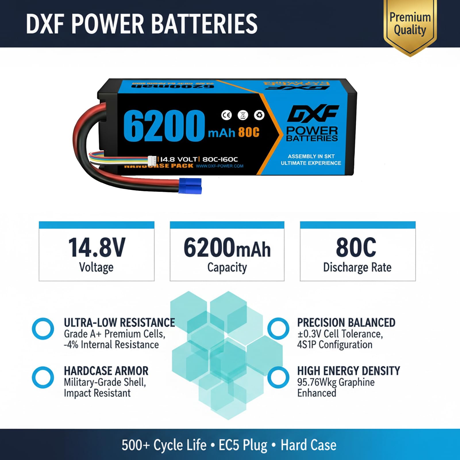 DXF 2 Packungen 4S LiPo Akku 14.8V 6200mAh 80C mit EC5 Stecker Hochleistungs für 1:8 1:10 RC Auto Kraft Lange Laufzeit Hohe Leistung Weit Verbreitet Ideal Perfekt