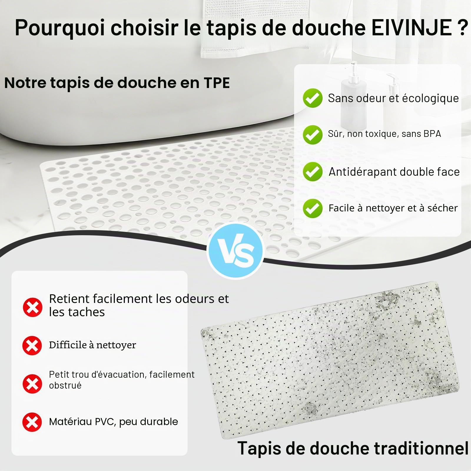 Tapis de douche antidérapant et anti-moisissure : 60 x 90 cm Grand tapis de douche pour bac de douche à l'italienne - Tapis de bain antidérapant en caoutchouc souple pour sol humide - Lavable en