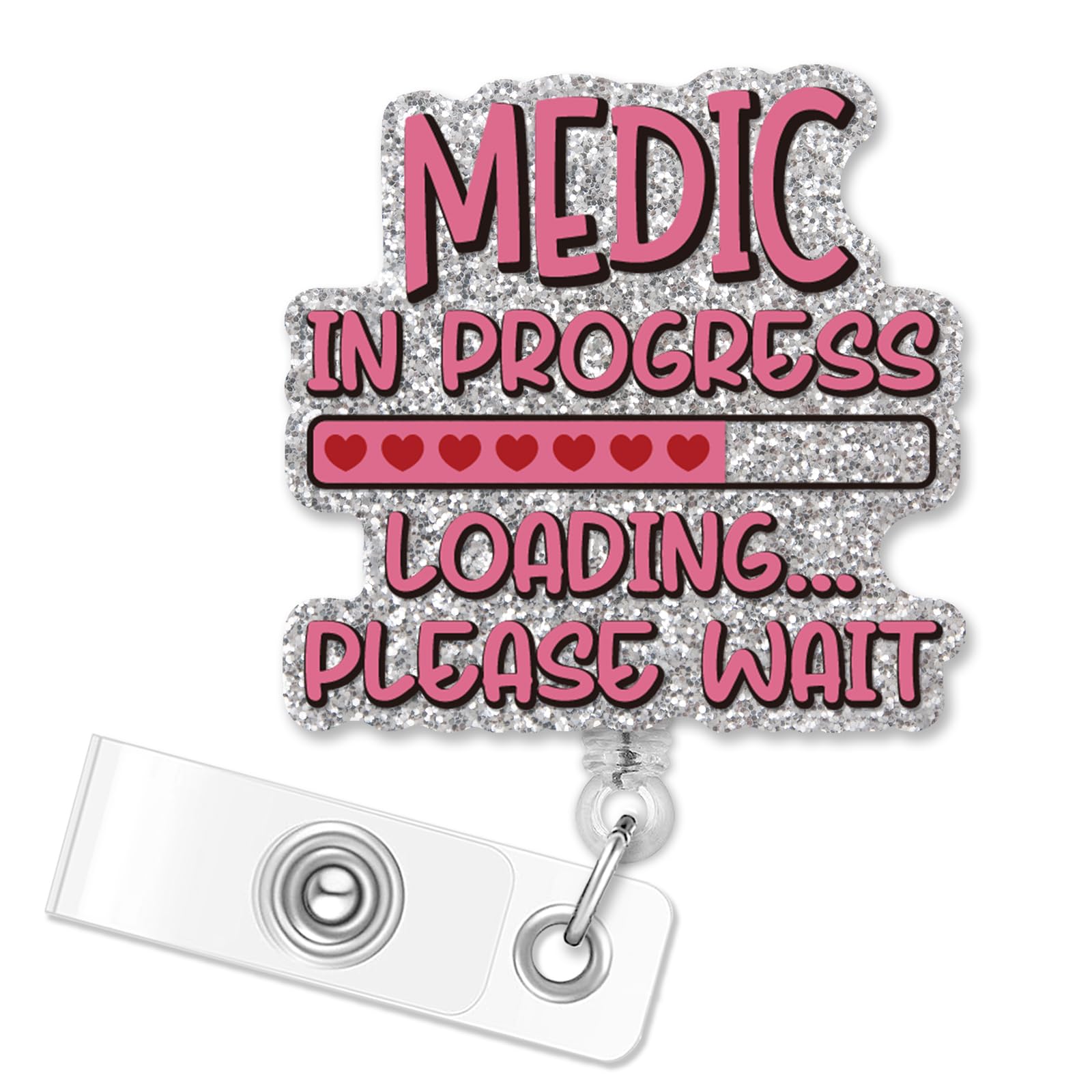 ERHACHAIJIA Medic in Progress Loading Retractable Silver Glitter Badge Reel, Funny ID Card Badge Holder Gift for Nurses Doctors Medic Student Graduate RN LPN Nursing Student Medical Worker
