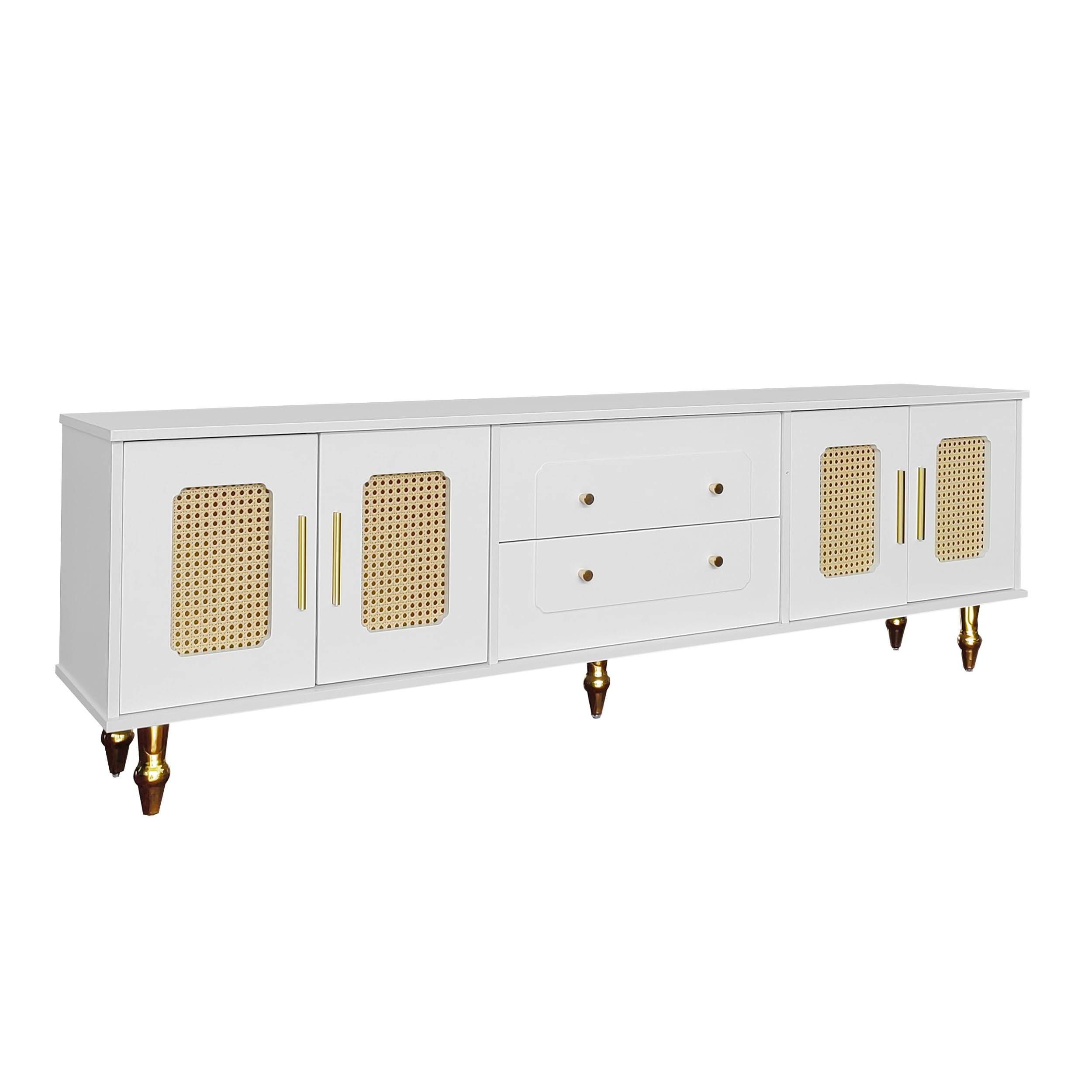 Mobile TV basso 177 x 38 x 53 cm in stile retrò: maniglie dorate, molto capiente, con anta in vetro e gambe in legno massello, nero/bianco (bianco)