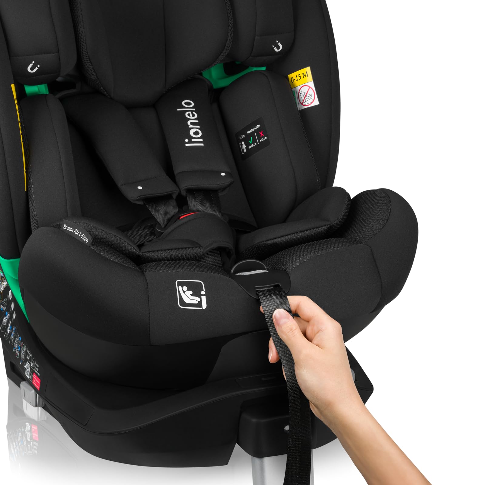LIONELO Braam Air i-Size - Asiento infantil para coche (giratorio, 360o, 0-36 kg, grupo 0 1, 2, 3, montaje en sentido de marcha y orientado hacia atrás, ISOFIX+pie estabilizador, reposacabezas y