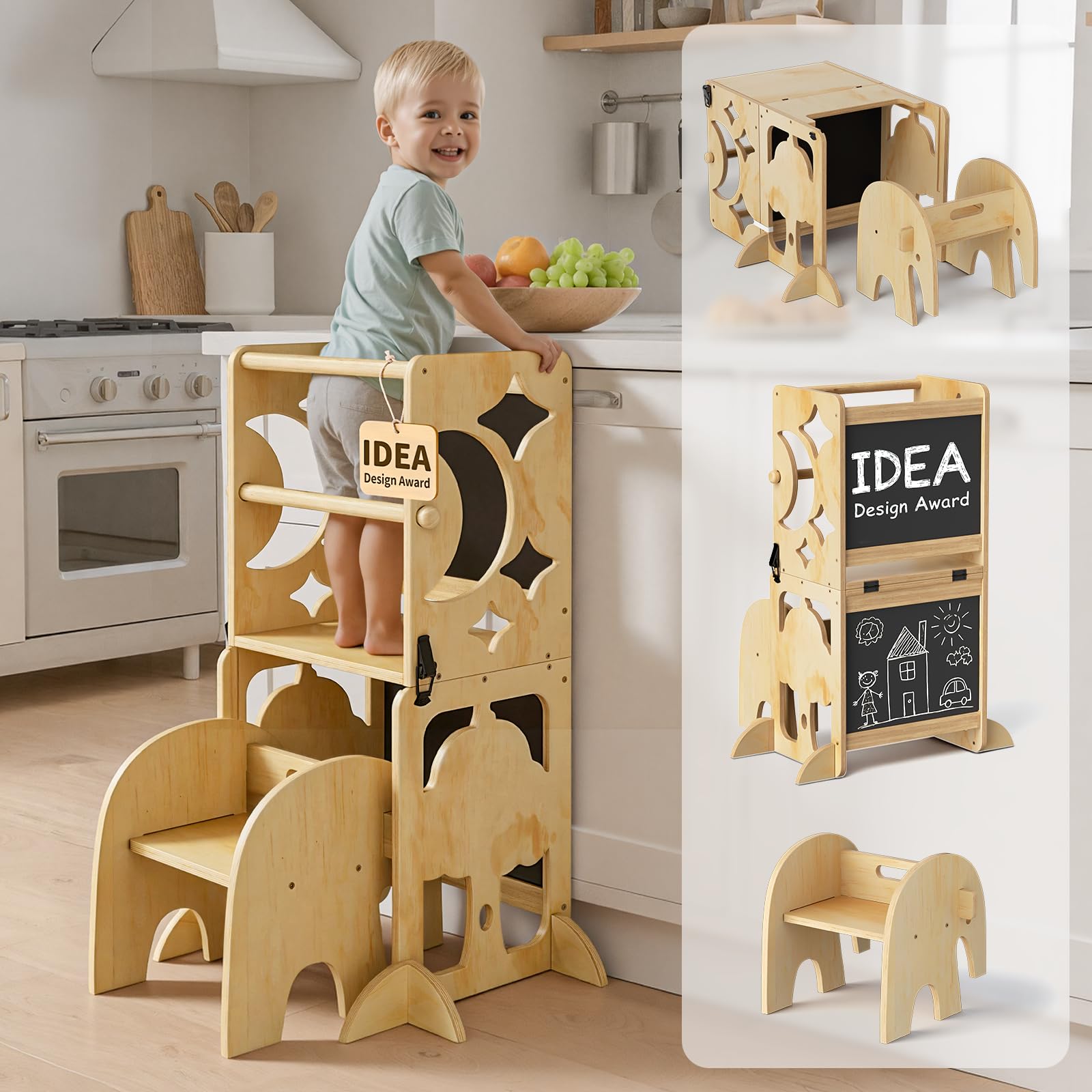 COSYLAND Lernturm ab 1 Jahr, klappbar – 4in1 Lernturm Kinder mit Doppeltafel, Stehhilfe & Schreibtisch mit Stuhl, Elefanten-Hocker als Tritthocker, Natur
