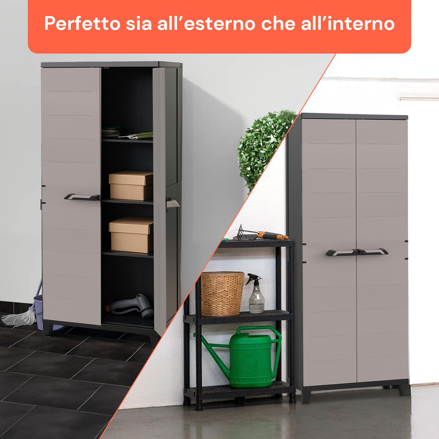 Armadio Plastica Tuttopiani Prime 2 Ante con Ripiani Regolabili Effetto Legno UV Resistant per Balcone Coperto, Facile da Montare e Resistente all’Umidità - 66x40x172cm