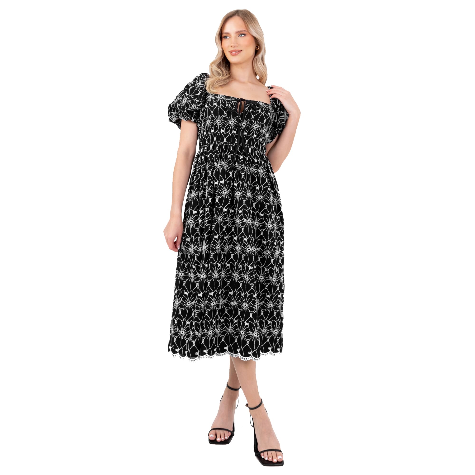 Lovedrobe Women's Midi Dress Ladies Short Puff Sleeve Square Neck Broderie Anglaise Milkmaid Peasant Tiered Scalloped Hem Boho Bow, Black 24