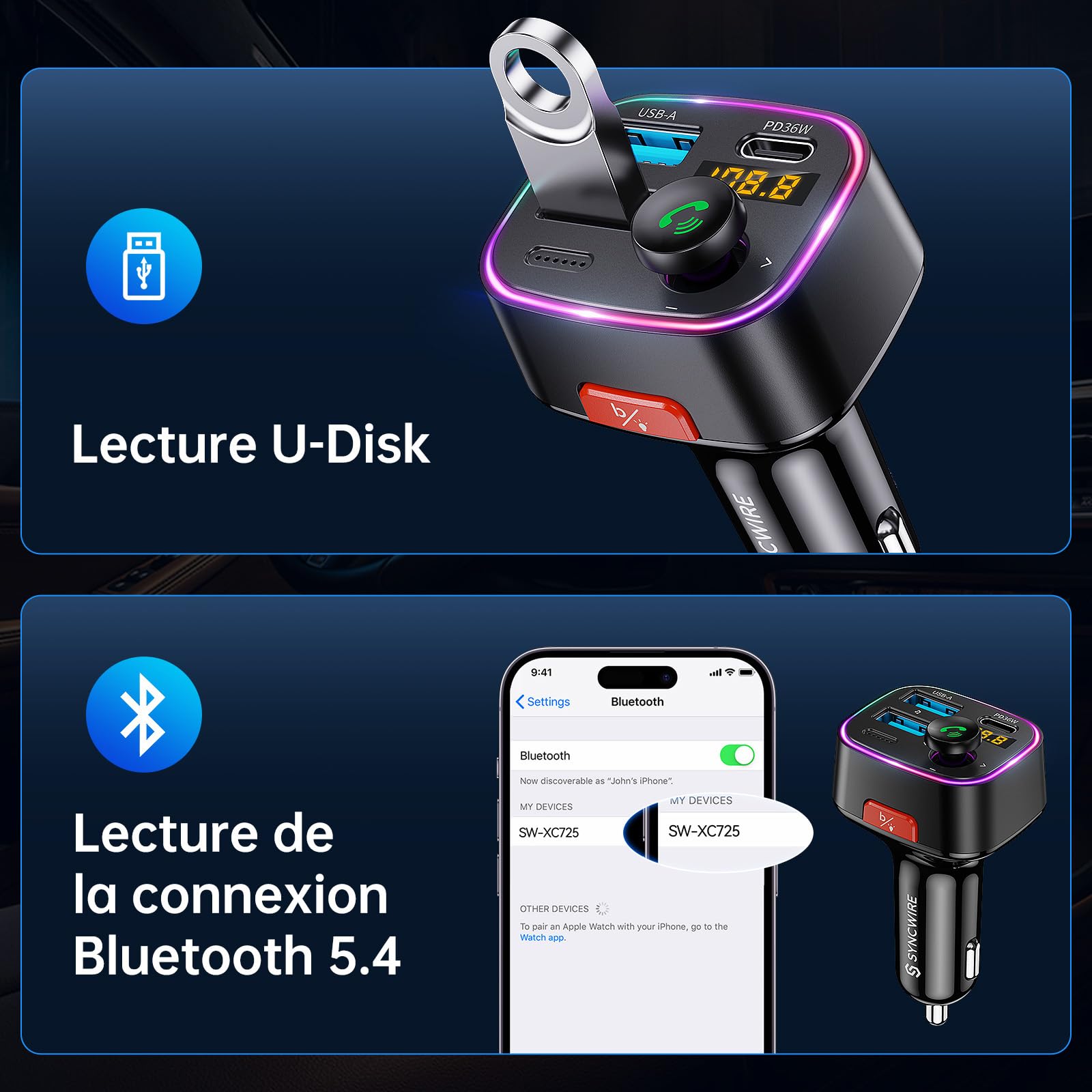 SYNCWIRE Transmetteur FM Bluetooth 5.4 Voiture, 48W Max(PD 36W et 12W) Bluetooth Adaptateur de Charge Deux USB pour Voiture, Radio sans Fil, Affichage LED, Appels Mains Libres, Support Clé USB 64GB