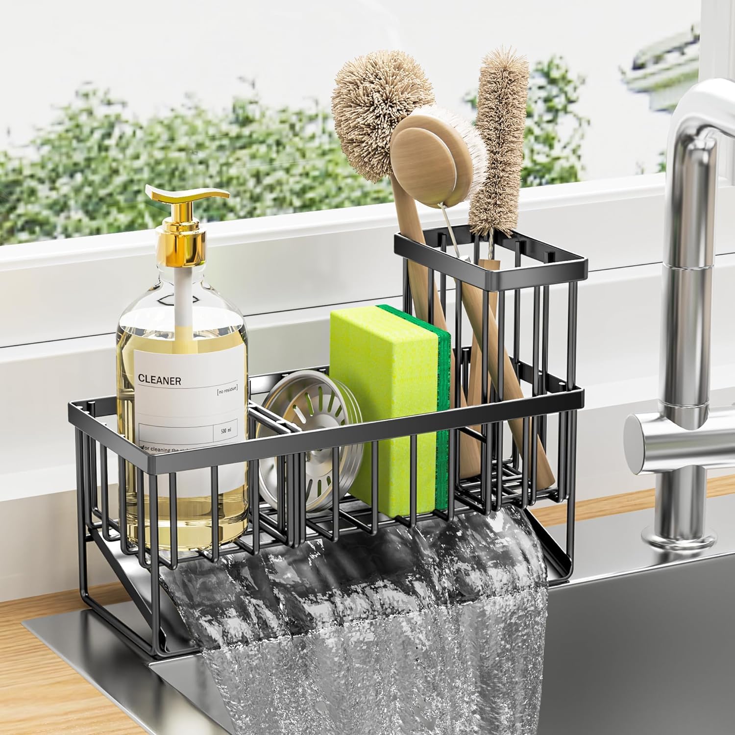 Kitchen Sink Caddy Organizer with Drainage – Removable Brush Holder, Sponge & Soap Rack, Rust-Resistant Stainless Steel Sink Organizer for Countertop