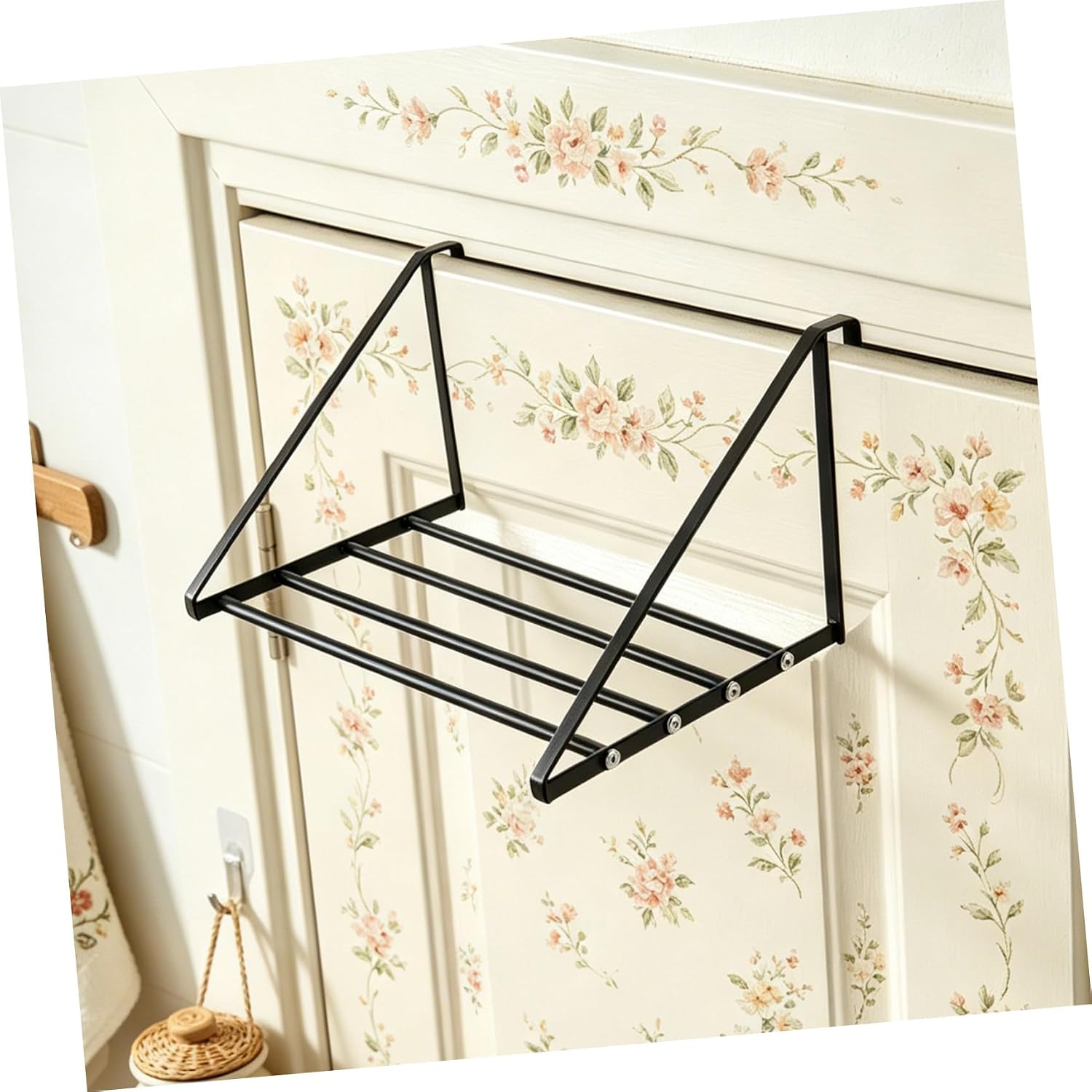 Door Clothes Drying Rack with Storage Hooks, No-Drill Installation Iron Hanger for Towels and Coats, Portable Space Saving Clothes Hanger for Bathroom and Bedroom, Fits