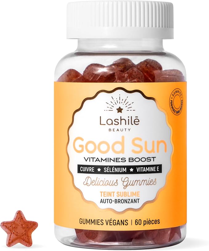 Lashilé Beauty - Complementos Alimenticios - Good Sun Sin Azúcar - 1 mes de toma - 60 Gummies - Fabricado en Francia - Vitamina E, Licopeno, Luteína, Cobre, Betacaroteno, Selenio, Vitamina A