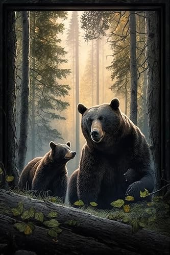 Oso negro del bosque - Pintura impresa en lienzo impermeable HD para pared, lienzo enmarcado para sala de estar y dormitorio (16 x 20 pulgadas)
