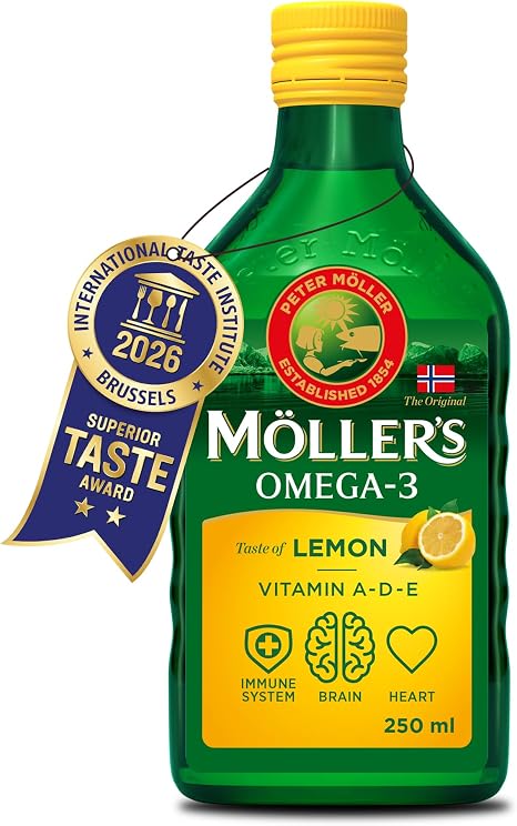 Möller's Omega 3 Lebertran Öl Nordic Omega 3 Nahrungsergänzung mit EPA DHA Vitamin A D E Superior Taste Award Hochreiner natürlicher 165 Jahre alte Marke Zitrone 500 ML