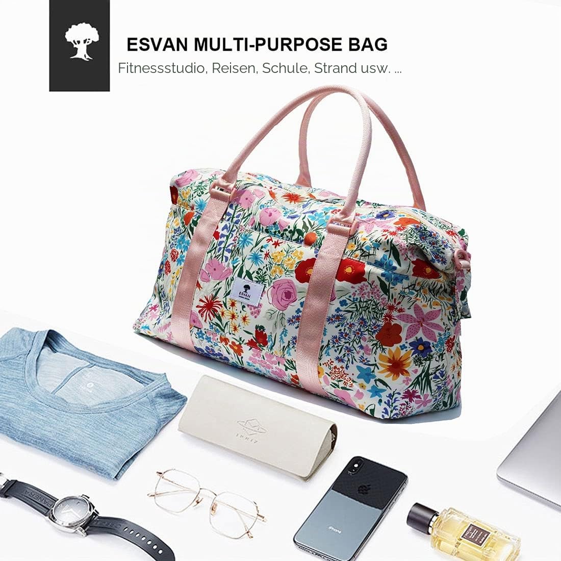 ESVAN Reisetasche, Sporttasche, Wochenendtasche, Übernachtung, Handgepäcktasche, Crossbody-Tasche mit Nassfach und Trolleyhülle, [K] Blume, Large, modisch