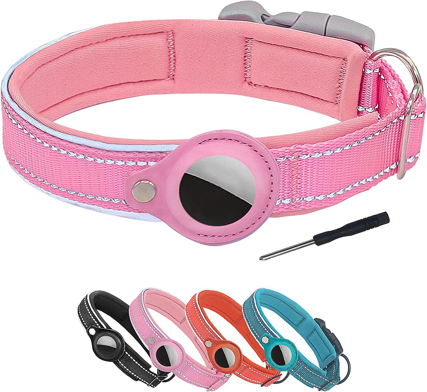 DERLOW Dog Collar with Airtag case, Reflective Soft Neoprene Padded Breathable Nylon Pet Collar, Adjustable Airtag Dog Collar Holder for…