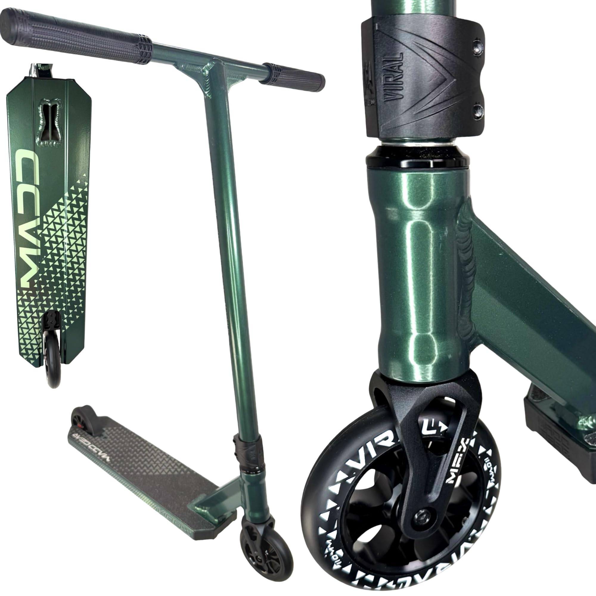 madd gear kaos MGP Viral Extreme Pro Stunt Scooter Freestyle Scooter mit Aluminium Deck, 110 mm Rollen, ABEC 11 Kugellagern und T Bar Lenker für Tricks und Grinds (KAOS H=87cm Dunkelgrün) Kupplungstyp:Weber - Kupplung o. Schloss Skatehelm Monaco Fahrradhelm hellblau (Gr. Shine on the ramps