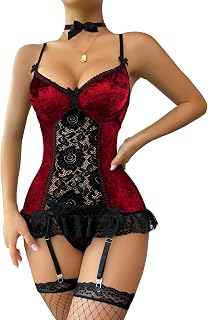 Sexy Stocking Garter Belt Bows Floral Lace Babydoll Corset Push Up Teddy Lingerie Set with Panty