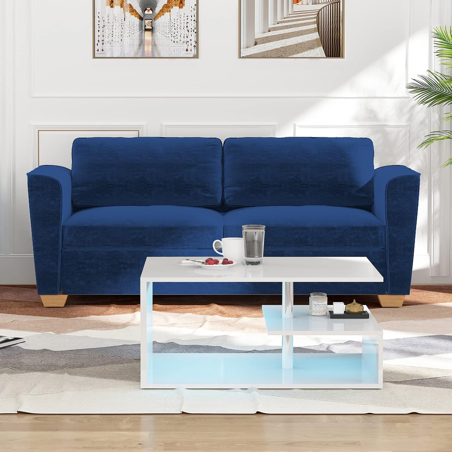 Mjkone Queen Size Pull Out Sleeper Sofa Bed 77" W with Memory Foam Pillows and Mattress, Convertible 2-in-1 Loveseat Sofa Sleeper Couch with Pull Out Bed for Home, Living Room, Small Spaces, Blue