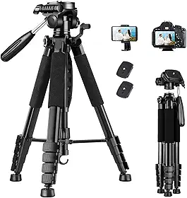 Tripé para câmera, tripé para câmera e celular, tripé de alumínio resistente adequado para Canon e Nikon, com estojo de transporte e suporte para celular,Capacidade de peso: 3-6,8 kg (preto e dourado)