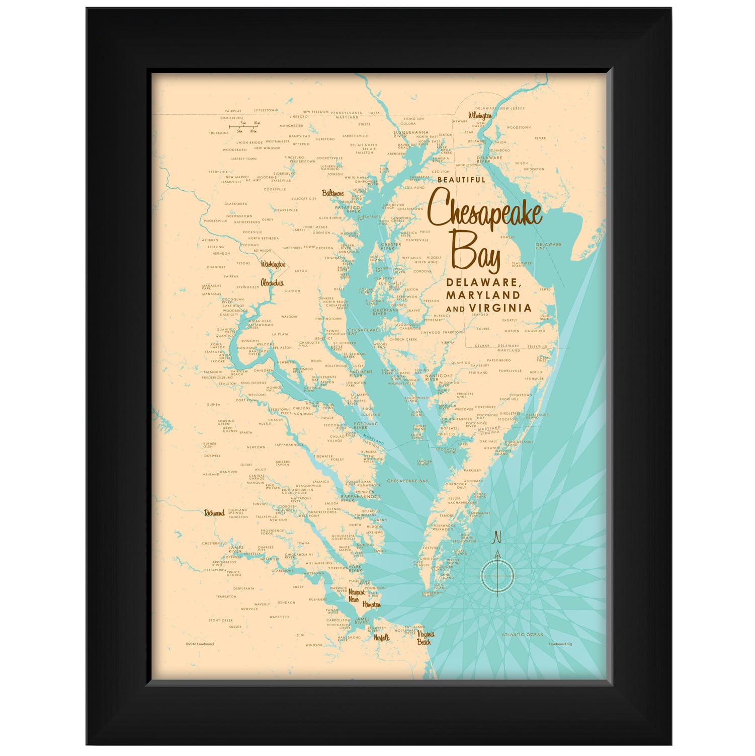 Art of PlaceChesapeake Bay Map Nautical Charts Print - Lakebound Art Virginia, Maryland - Home, Office Décor History Posters, Cartography - Professionally Framed Art Poster Size: 14" x 20"