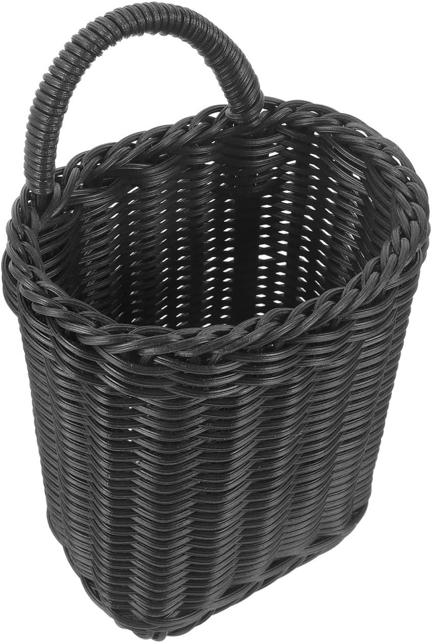 SEWACC Woven Hanging Storage Basket Black Wall-mounted Rattan-style Organizer for Bathroom Kitchen Fruit Vegetable Holder Decorative Flower Basket
