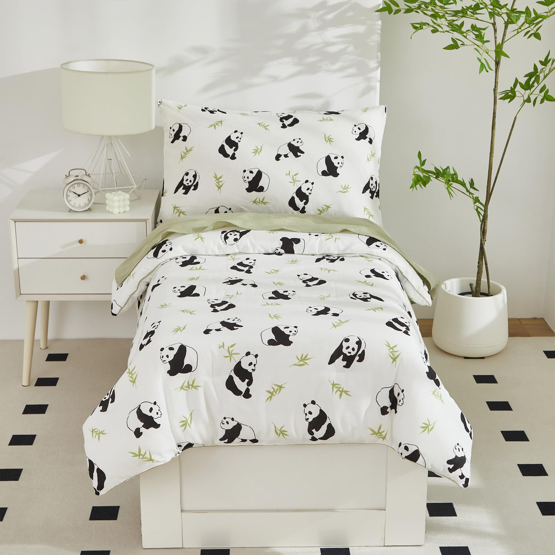 Brandream Juego de ropa de cama para niños y niñas con estampado de panda, sábana encimera, sábana bajera y funda de almohada, 4 piezas, blanco y verde