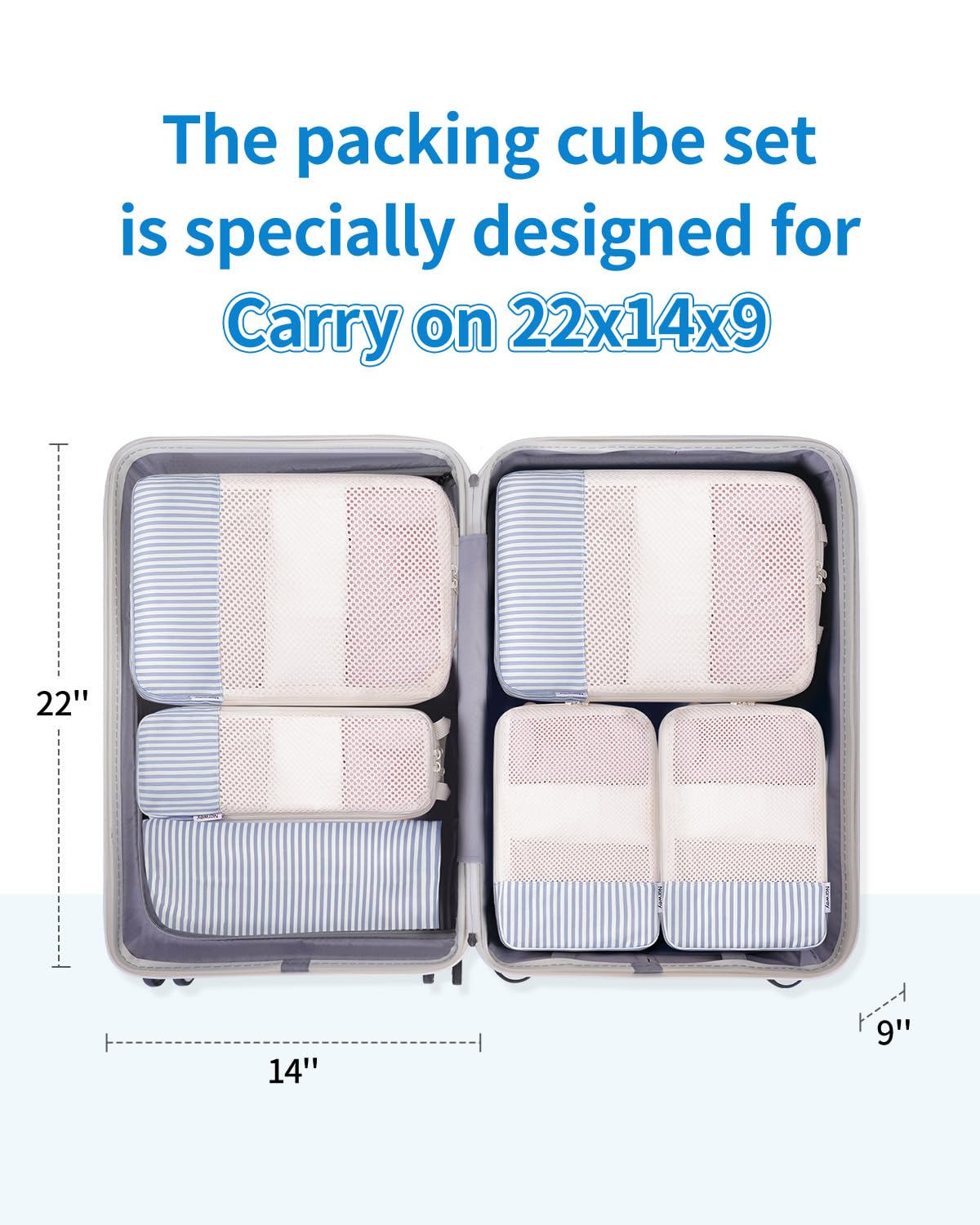 Narwey 6er-Set gestreifte Kompressions-Verpackungswürfel für Reisen, Damen, Kinder, Handgepäck, niedliche Pack-Organizer-Tasche für Gepäck, Koffer, Seesäcke, Rucksack (grau-blaue Streifen)