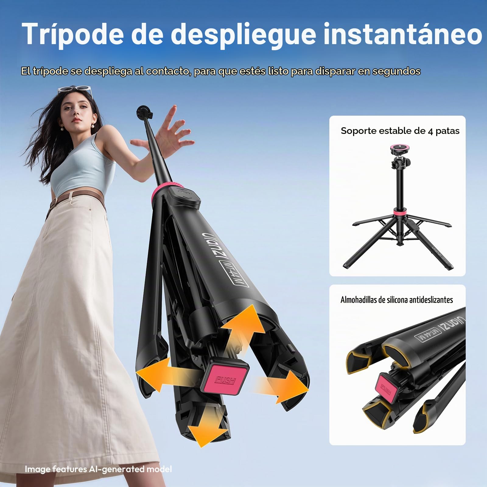ULANZI MT44M Trípode Magnético de Apertura Automática para Móvil y Cámara, Palo Selfie de 150cm con Control Remoto, Soporte de Cuatro Patas, Tornillo de 1/4", Rótula Giratoria 360° para iPhone Android