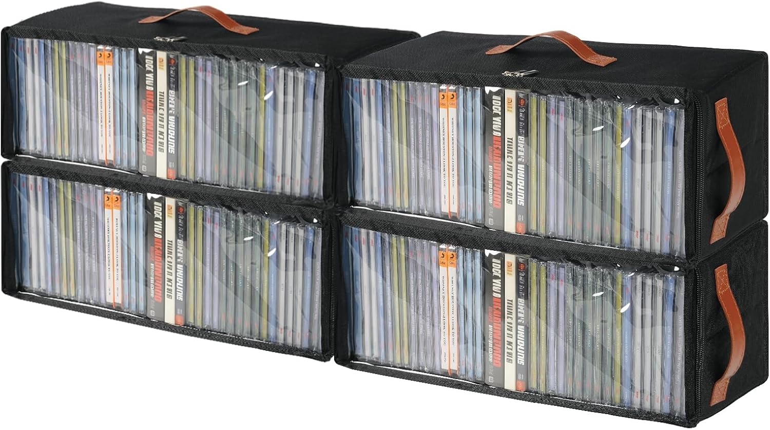 4 Pack CD Storage Box, Stackable CD Case Holder with Front Zippered Clear Window and Handles, 15.7 x 6.1 x 5.3 Inches Oxford Fabric CD Tower Rack, Holds Up to 148 CDs (Black, 4 Pack)