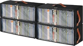 4 Pack CD Storage Box, Stackable CD Case Holder with Front Zippered | Clear Window and Handles, 15.7 x 6.1 x 5.3 Inches Oxford Fabric CD Tower Rack, Holds Up to 148 CDs (Black, 4 Pack)