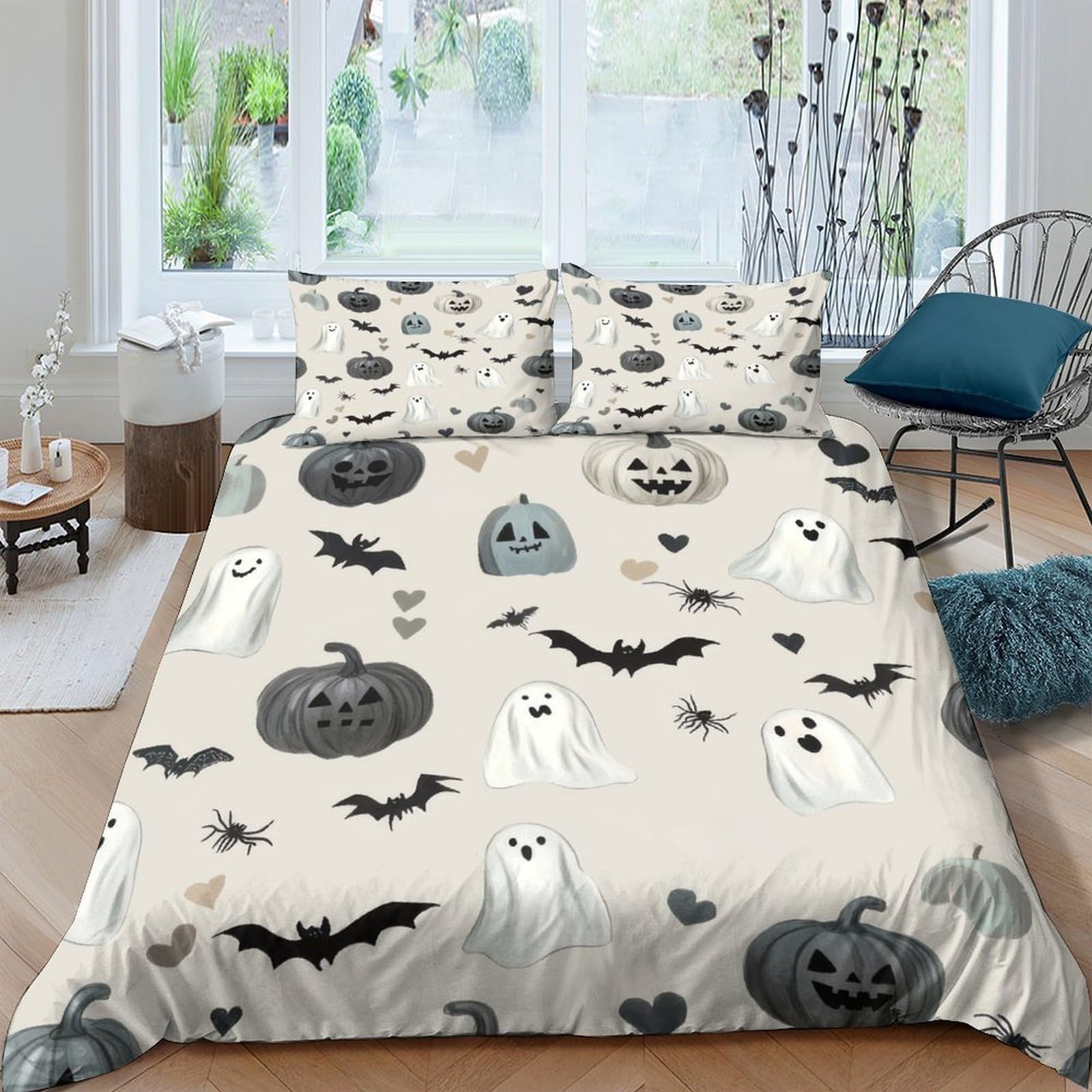 Ctjqhvkz Style-6 3D Printed Ghost Pumpkin Fitted Sheet Microfiber Soft Halloween Bat Mattress Cover Bedroom Decor Washable Single（135X200cm）