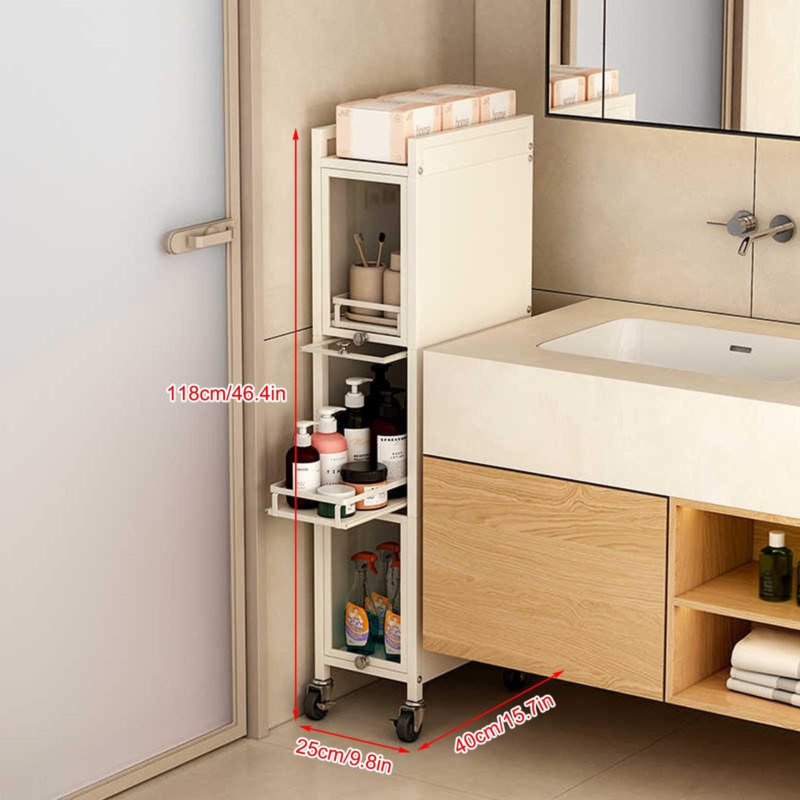 Armario de almacenamiento de baño de 4 niveles con ruedas, color blanco, estante de cocina y estante de cocina, estante de utilidad para el hogar, diseño moderno, solución de almacenamiento multiusos