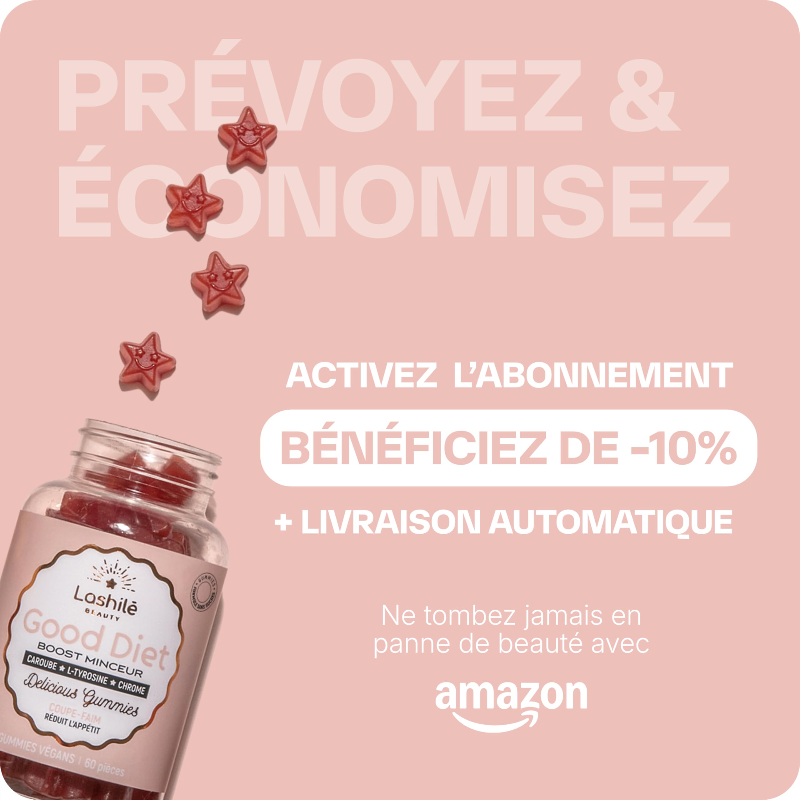Lashilé Beauty - Gummies Coupe Faim - Coupe-Faim Puissant & Contrôle de l’Appétit - Good Diet - Complément alimentaire Minceur - Caroube Chrome L-Tyrosine - Cure 1 Mois 60 Gummies