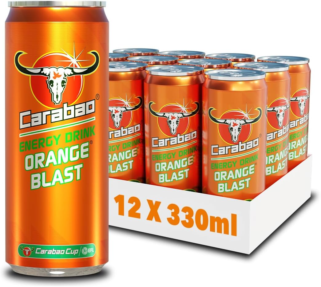 Energy Drink Orange Blast, 12 x 330ml Cans Case, Low Calorie, Lower Sugar, Fizzy Fruit Flavour, Vegan, Gluten Free Drink, B Vitamins, Taurine, Caffeine with Zero Crash, Bulk Crates, Multipack