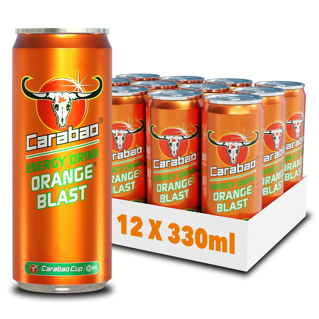Energy Drink Orange Blast, 12 x 330ml Cans Case, Low Calorie, Lower Sugar, Fizzy Fruit Flavour, Vegan, Gluten Free Drink, B Vitamins, Taurine, Caffeine with Zero Crash, Bulk Crates, Multipack