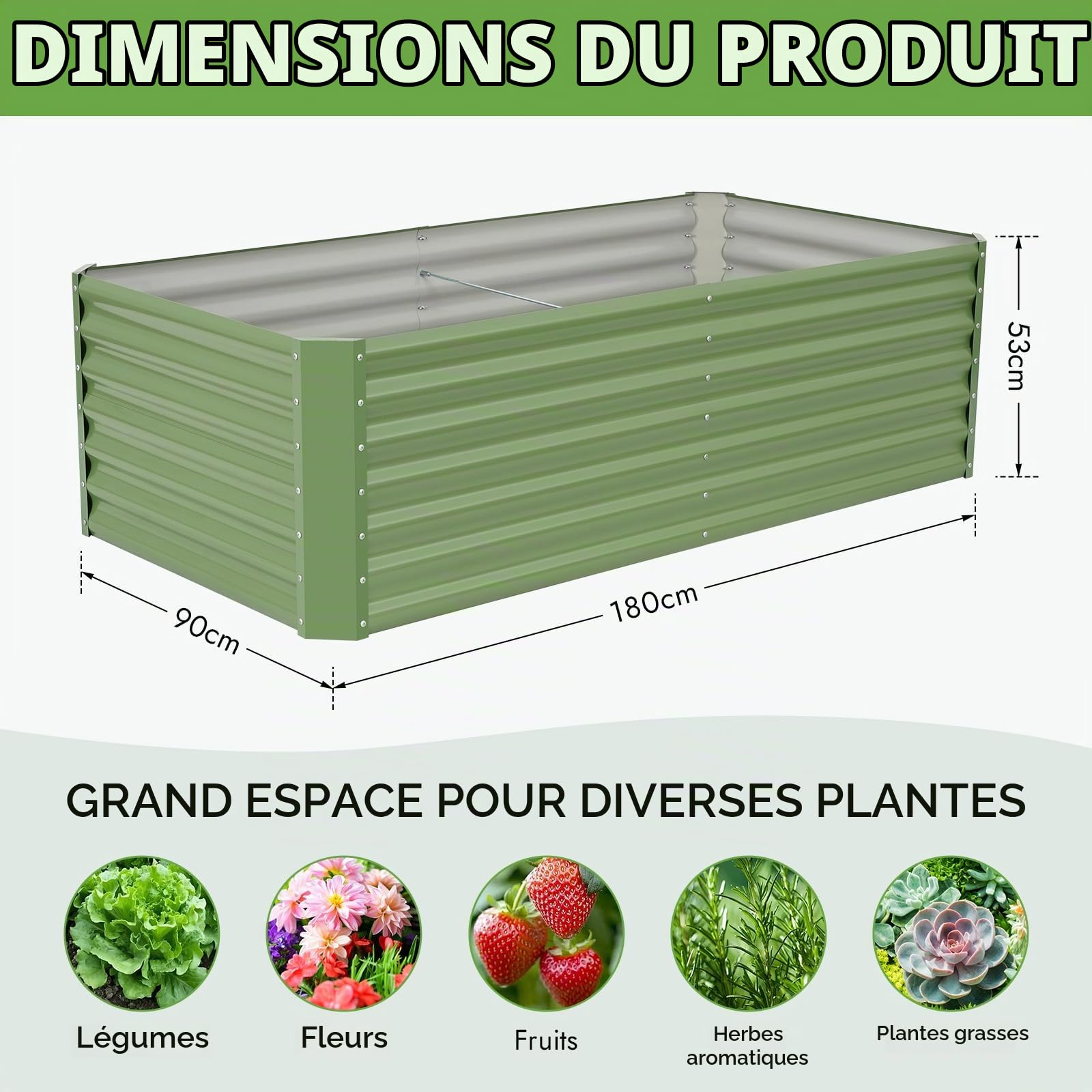 INNO STAGE Jardinière surélevée galvanisée - 180 x 90 x 53 cm - Jardinière surélevée en métal pour l'extérieur - Grands parterres surélevés en acier pour légumes et fleurs - Jardinières d'extérieur