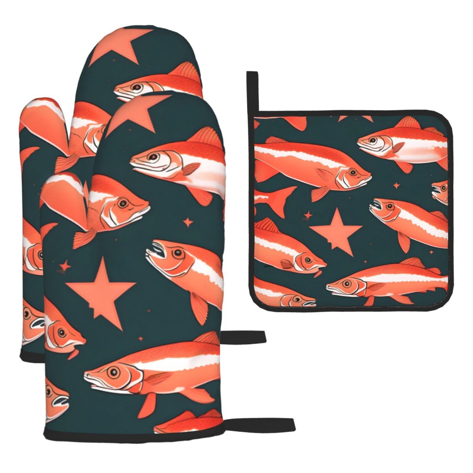 Salmon Print Oven Mitts and Potholders BBQ Gloves-Oven Mitts and Pot Holders for Cooking Baking