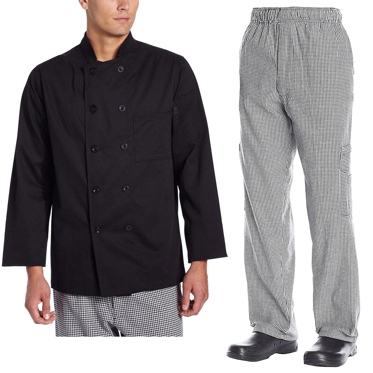 Che Code Chef Uniform Set Chef Coat and Pants CC119-202 (L, Black Coat & Houndstooth)