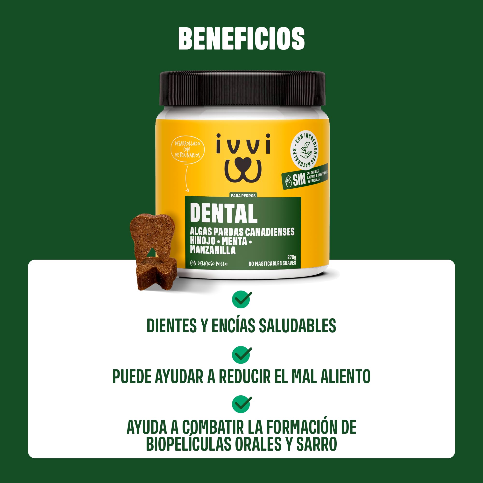 ivvi Dental - Snacks para la higiene Dental de los Perros. Menta, perejil, hinojo, manzanilla, Aceite de Coco, Algas pardas. 60 Snacks con Pollo. Favorece Dientes sanos, Aliento Fresco y Fresh Breath