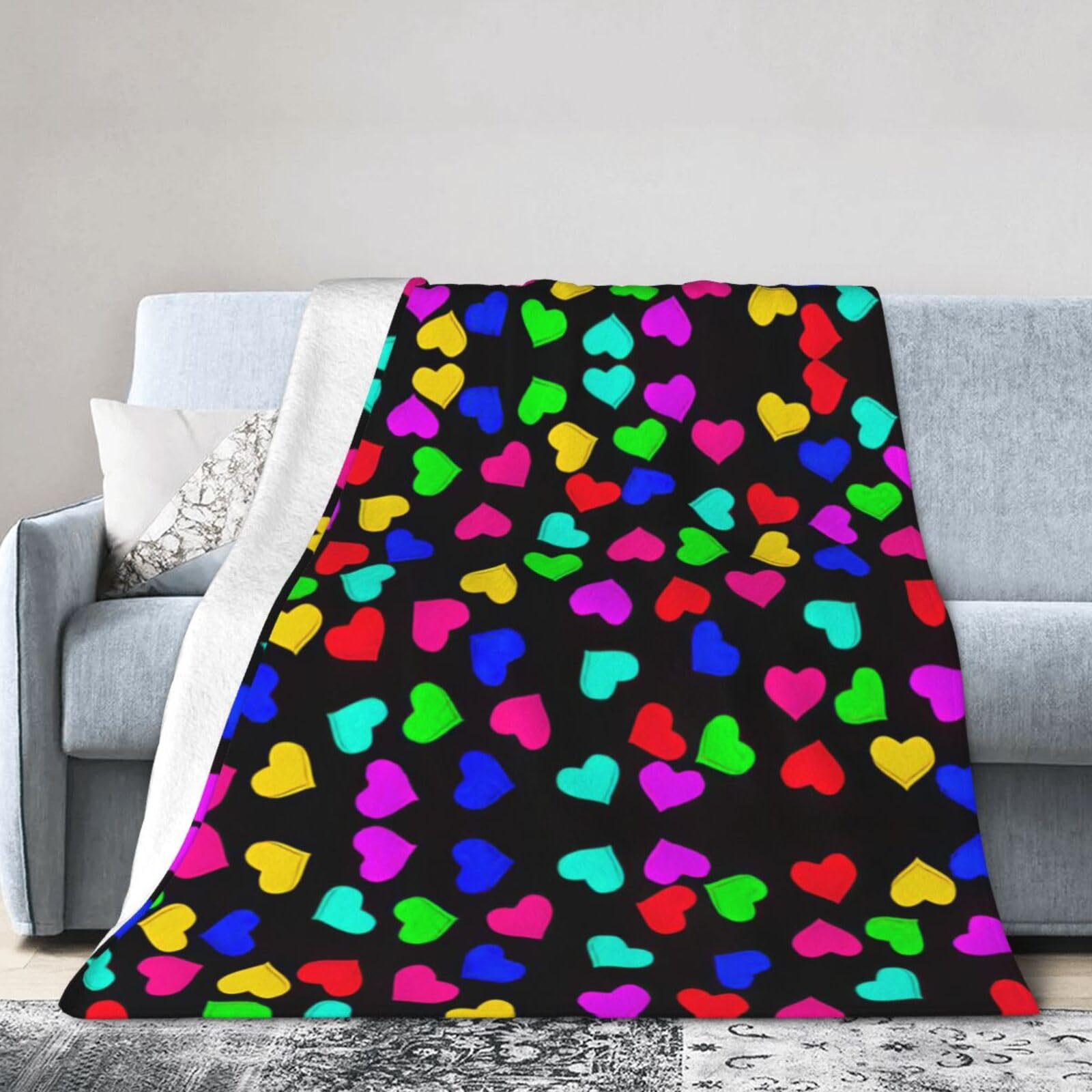 Uusnwaa Soft Cosy Fleece Warm Throw Rainbow Hearts Print Blanket