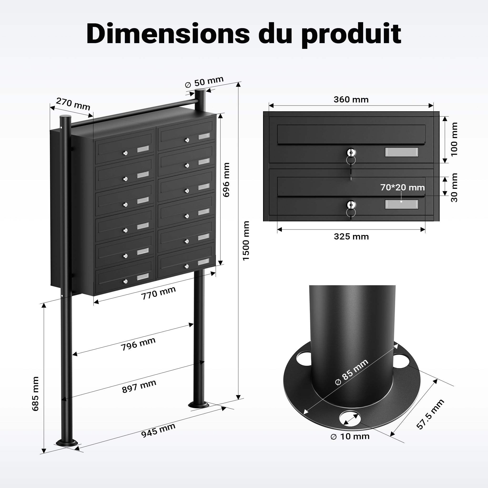 Wiltec Boîte aux Lettres sur Pieds Noire 945 x 270 x 1500 mm, avec 12 Compartiments verrouillables 2x6 et Porte-nom, Revêtement en Poudre, pour Courrier